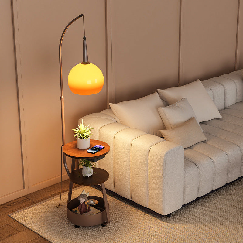 Contemporary Fishing Rod Floor Lamp - Retro Wooden Coffee Table Design, Iron Frame & Glass Shade for Living Room Lighting