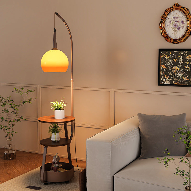 Contemporary Fishing Rod Floor Lamp - Retro Wooden Coffee Table Design, Iron Frame & Glass Shade for Living Room Lighting