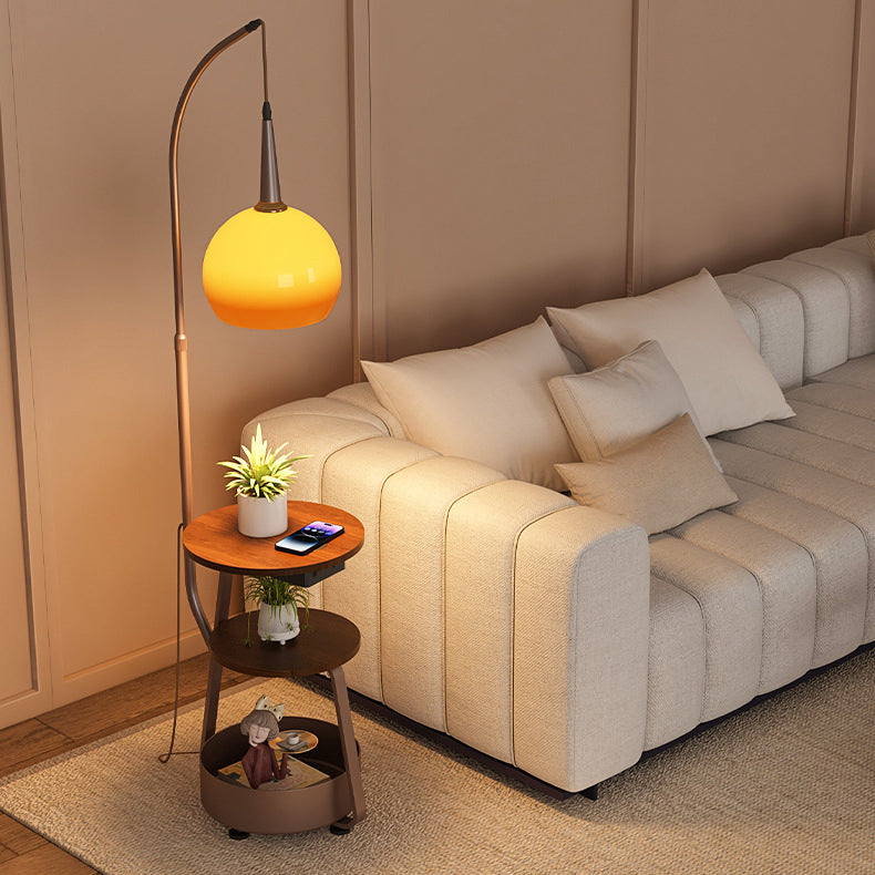 Contemporary Fishing Rod Floor Lamp - Retro Wooden Coffee Table Design, Iron Frame & Glass Shade for Living Room Lighting