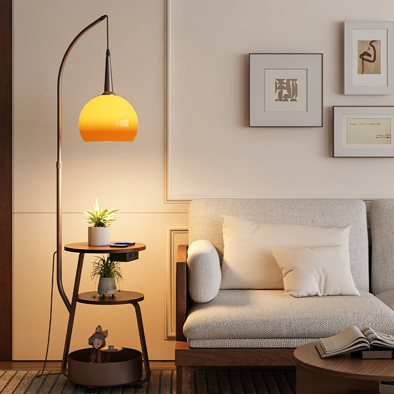Contemporary Fishing Rod Floor Lamp - Retro Wooden Coffee Table Design, Iron Frame & Glass Shade for Living Room Lighting