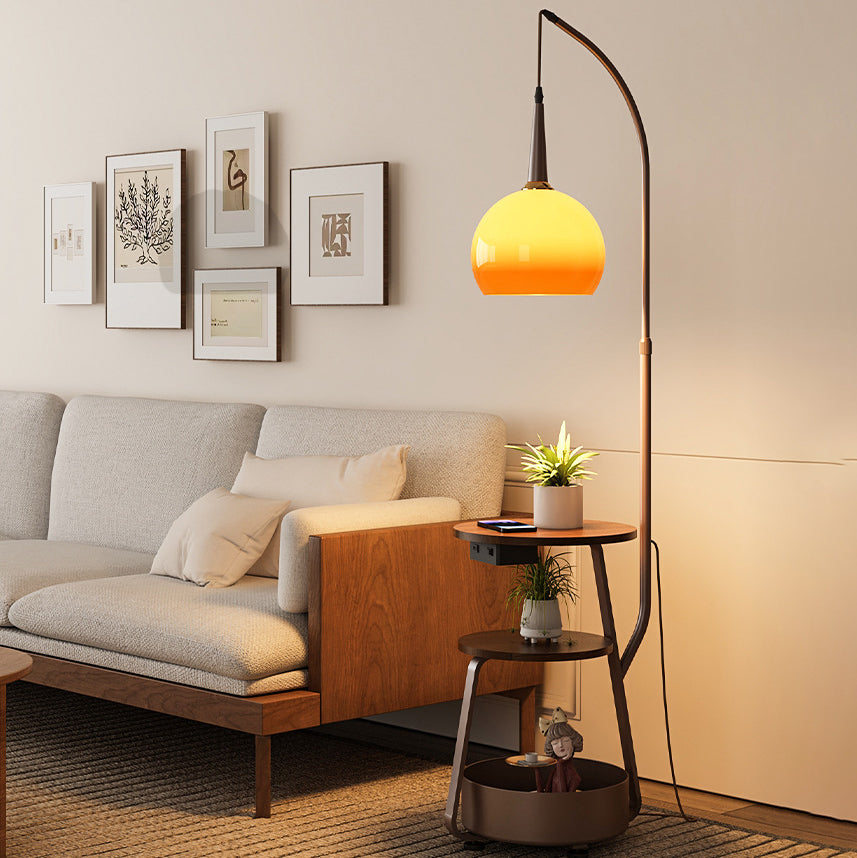 Contemporary Fishing Rod Floor Lamp - Retro Wooden Coffee Table Design, Iron Frame & Glass Shade for Living Room Lighting