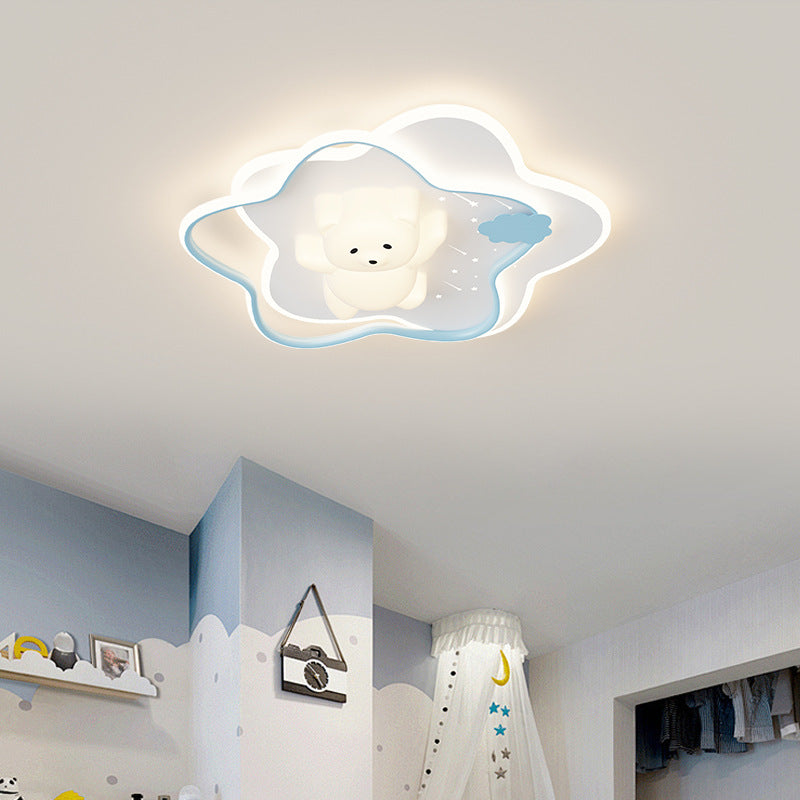 Contemporary Kids Ceiling Light Star Moon Rabbit Bear LED Flush Mount for Bedroom Nursery Playroom Metal Plastic Fixture Modern Childrens Room Lighting Decor