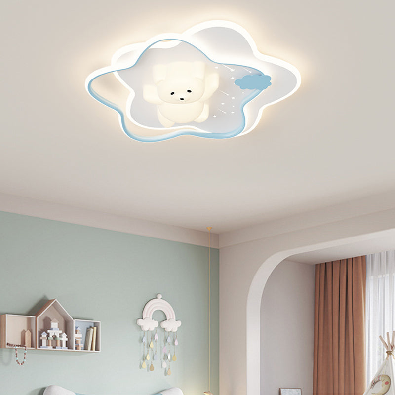 Contemporary Kids Ceiling Light Star Moon Rabbit Bear LED Flush Mount for Bedroom Nursery Playroom Metal Plastic Fixture Modern Childrens Room Lighting Decor