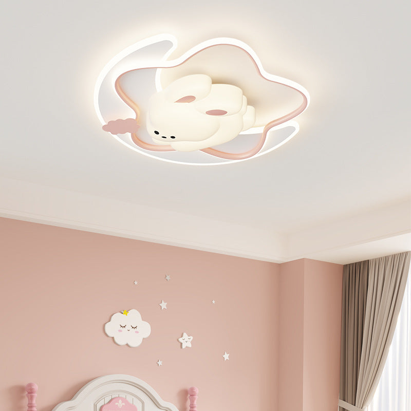 Contemporary Kids Ceiling Light Star Moon Rabbit Bear LED Flush Mount for Bedroom Nursery Playroom Metal Plastic Fixture Modern Childrens Room Lighting Decor