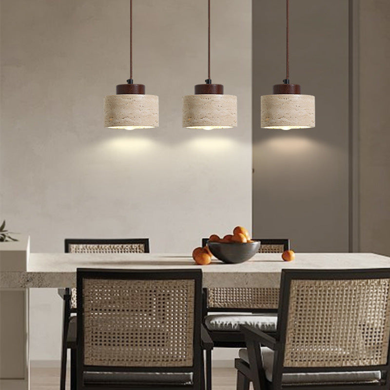 Vintage Cylinder Wood Travertine Pendant Light for Bedroom 1-Light Fixture
