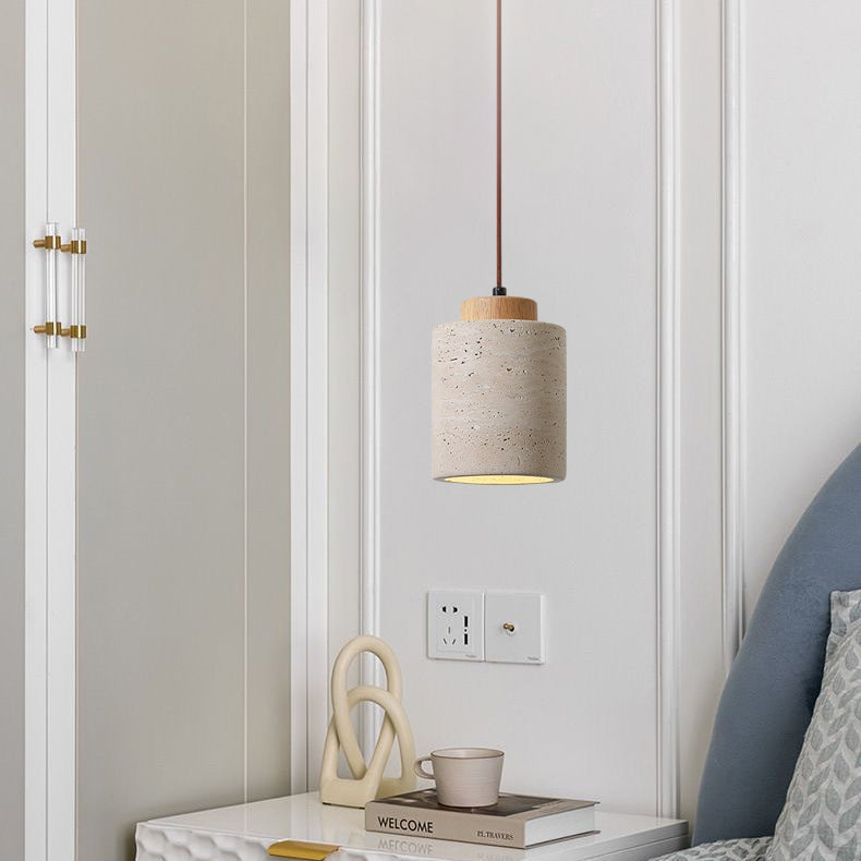 Vintage Cylinder Wood Travertine Pendant Light for Bedroom 1-Light Fixture