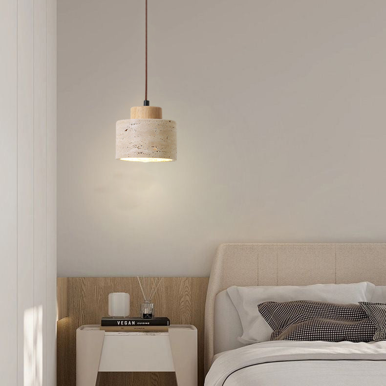 Vintage Cylinder Wood Travertine Pendant Light for Bedroom 1-Light Fixture