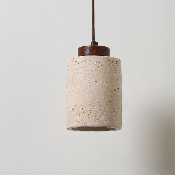 Vintage Cylinder Wood Travertine Pendant Light for Bedroom 1-Light Fixture
