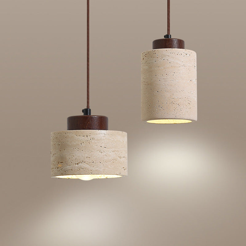Vintage Cylinder Wood Travertine Pendant Light for Bedroom 1-Light Fixture
