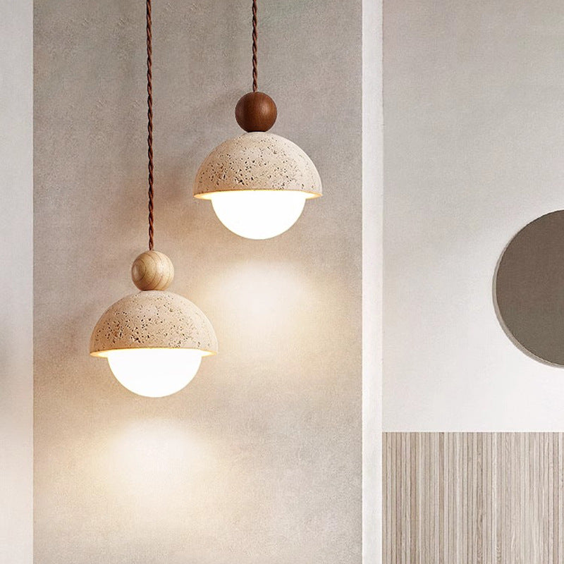 Traditional Japanese Solid Wood Multi Orb Travertine Pendant Light for Living Room
