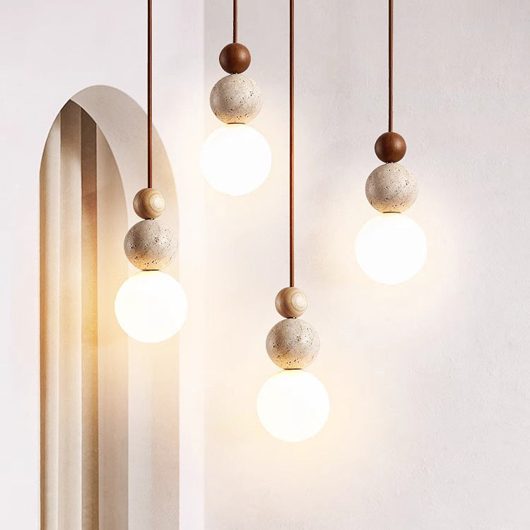 Traditional Japanese Solid Wood Multi Orb Travertine Pendant Light for Living Room