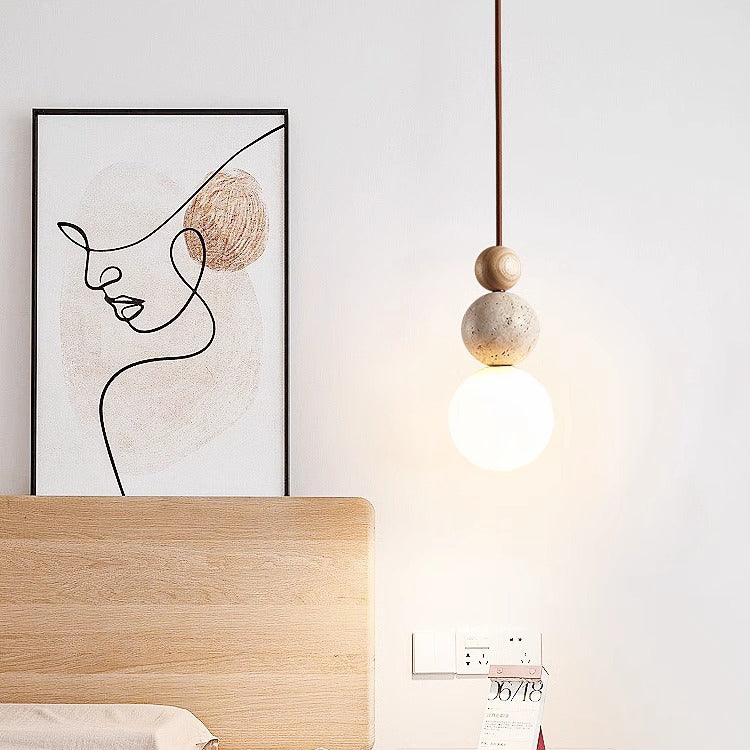 Traditional Japanese Solid Wood Multi Orb Travertine Pendant Light for Living Room