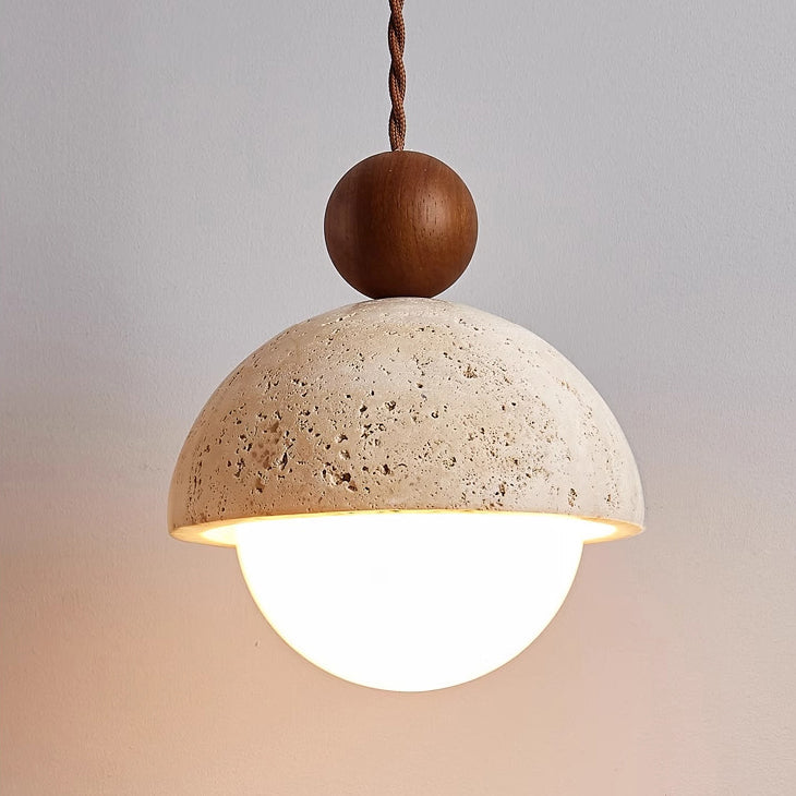 Traditional Japanese Solid Wood Multi Orb Travertine Pendant Light for Living Room