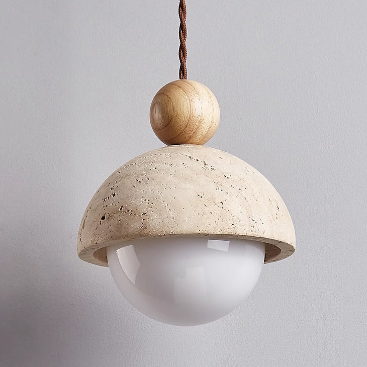 Traditional Japanese Solid Wood Multi Orb Travertine Pendant Light for Living Room