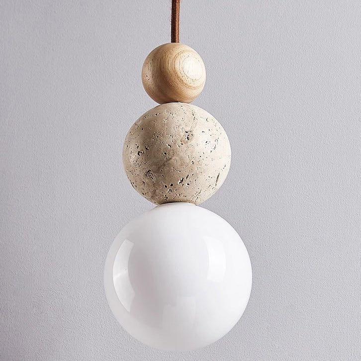 Traditional Japanese Solid Wood Multi Orb Travertine Pendant Light for Living Room