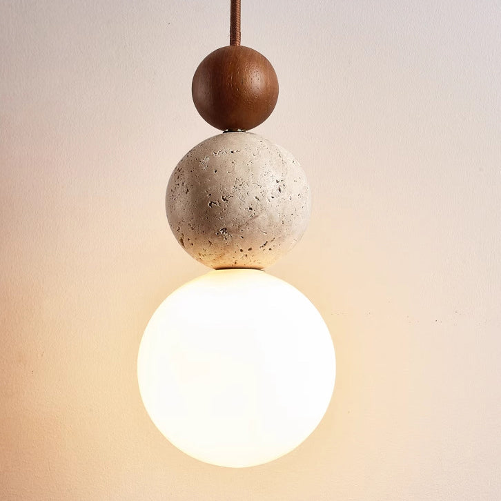 Traditional Japanese Solid Wood Multi Orb Travertine Pendant Light for Living Room