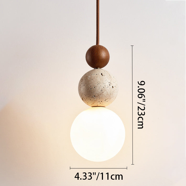 Traditional Japanese Solid Wood Multi Orb Travertine Pendant Light for Living Room