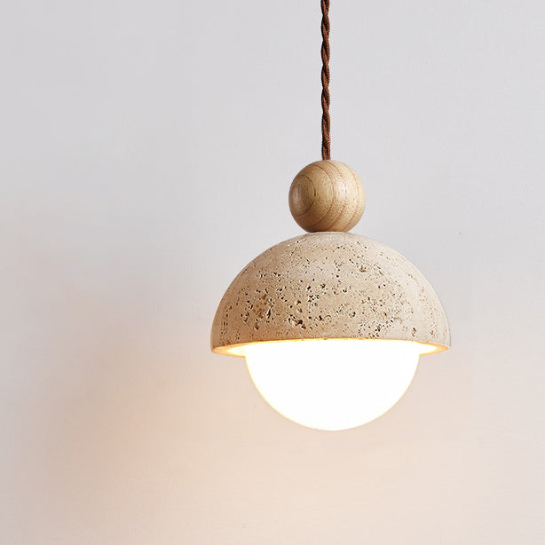 Traditional Japanese Solid Wood Multi Orb Travertine Pendant Light for Living Room