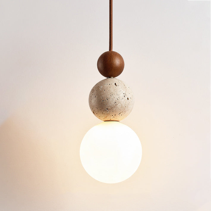 Traditional Japanese Solid Wood Multi Orb Travertine Pendant Light for Living Room