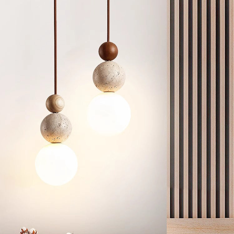 Traditional Japanese Solid Wood Multi Orb Travertine Pendant Light for Living Room