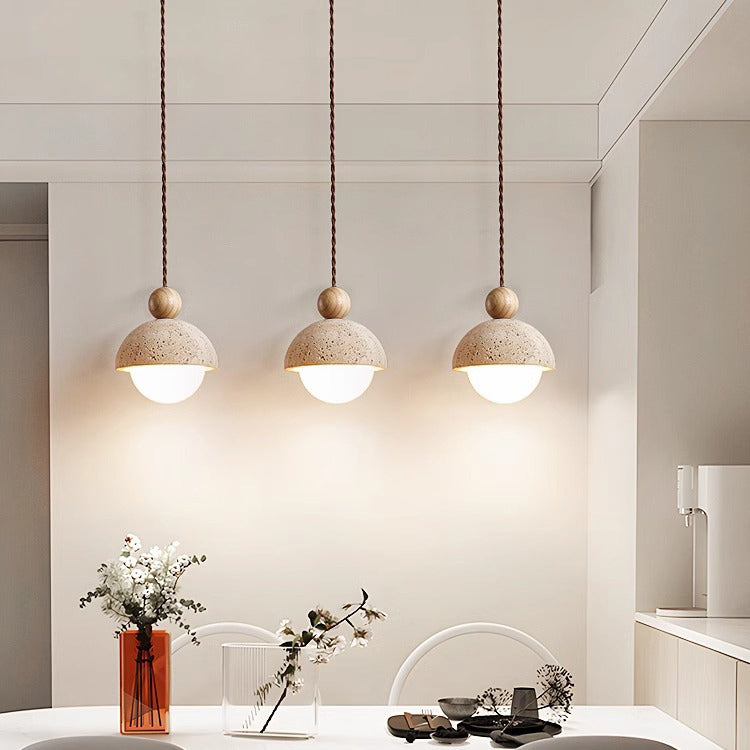Traditional Japanese Solid Wood Multi Orb Travertine Pendant Light for Living Room