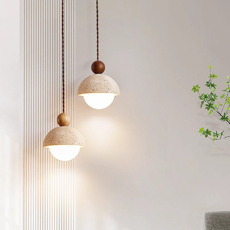 Traditional Japanese Solid Wood Multi Orb Travertine Pendant Light for Living Room
