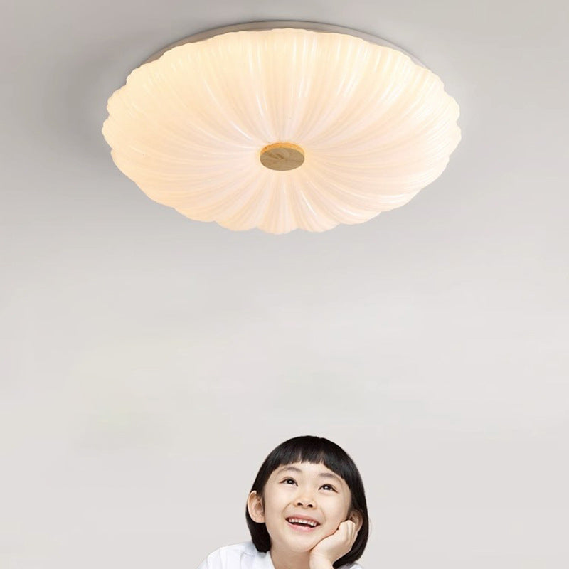 Modern Minimalist Round Flower Stripe Acrylic Shade Wood LED Flush Mount Ceiling Light