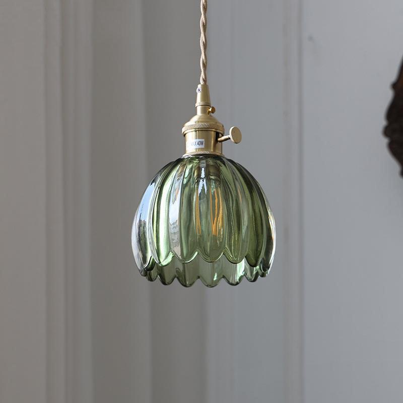 Contemporary Nordic Round Flower Glass Shade Pendant Light - Iron Brass 1-Light for Living Room
