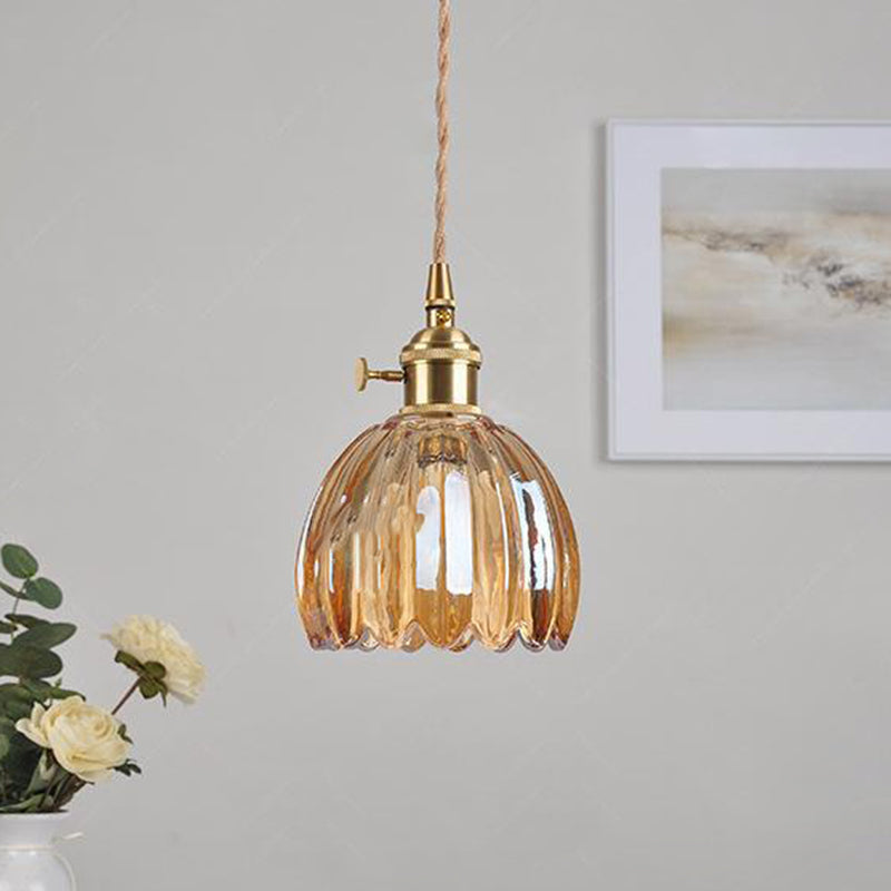 Contemporary Nordic Round Flower Glass Shade Pendant Light - Iron Brass 1-Light for Living Room