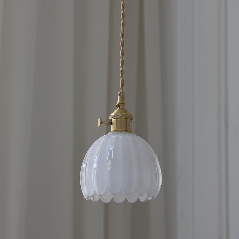 Contemporary Nordic Round Flower Glass Shade Pendant Light - Iron Brass 1-Light for Living Room