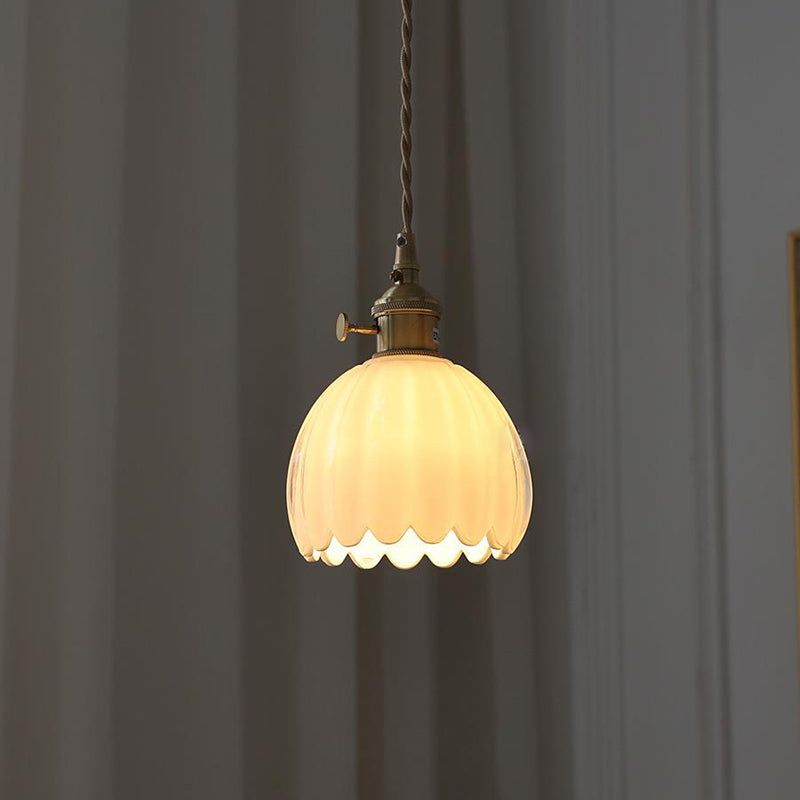 Contemporary Nordic Round Flower Glass Shade Pendant Light - Iron Brass 1-Light for Living Room