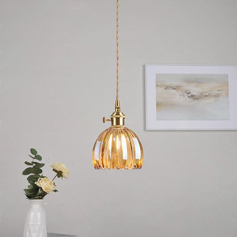 Contemporary Nordic Round Flower Glass Shade Pendant Light - Iron Brass 1-Light for Living Room
