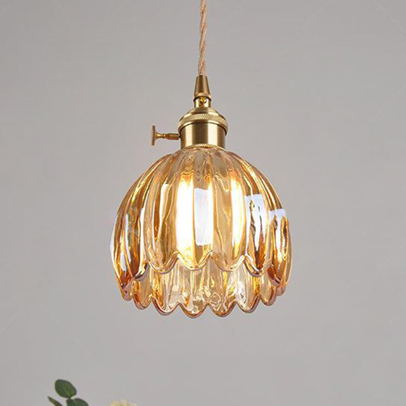 Contemporary Nordic Round Flower Glass Shade Pendant Light - Iron Brass 1-Light for Living Room