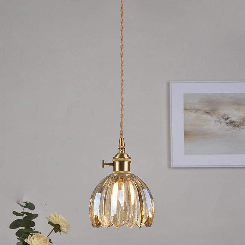 Contemporary Nordic Round Flower Glass Shade Pendant Light - Iron Brass 1-Light for Living Room