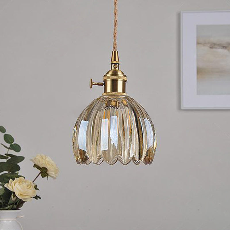 Contemporary Nordic Round Flower Glass Shade Pendant Light - Iron Brass 1-Light for Living Room