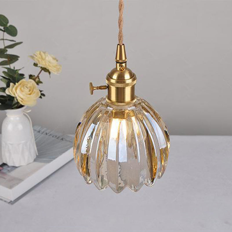Contemporary Nordic Round Flower Glass Shade Pendant Light - Iron Brass 1-Light for Living Room