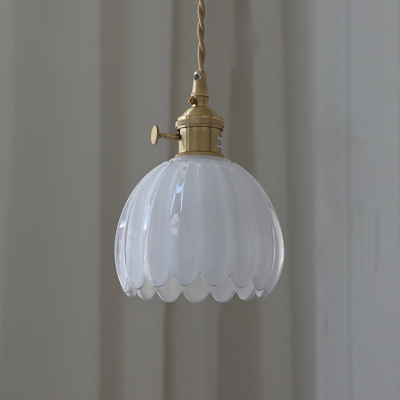 Contemporary Nordic Round Flower Glass Shade Pendant Light - Iron Brass 1-Light for Living Room