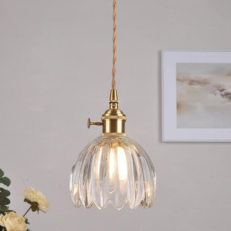 Contemporary Nordic Round Flower Glass Shade Pendant Light - Iron Brass 1-Light for Living Room