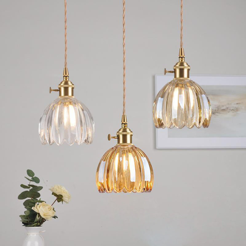 Contemporary Nordic Round Flower Glass Shade Pendant Light - Iron Brass 1-Light for Living Room