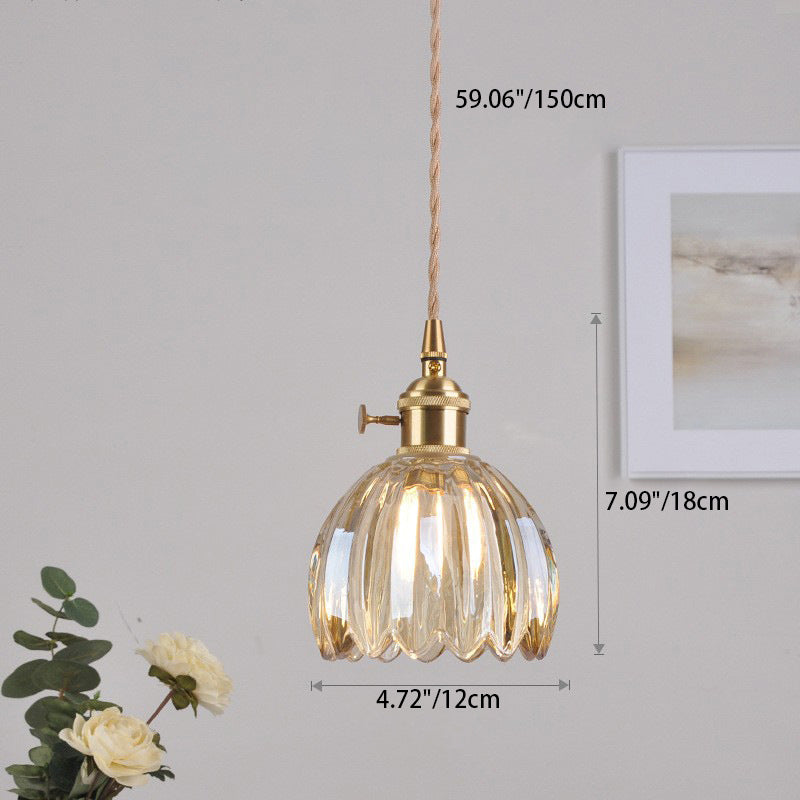 Contemporary Nordic Round Flower Glass Shade Pendant Light - Iron Brass 1-Light for Living Room