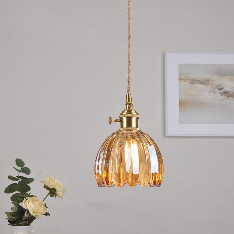 Contemporary Nordic Round Flower Glass Shade Pendant Light - Iron Brass 1-Light for Living Room