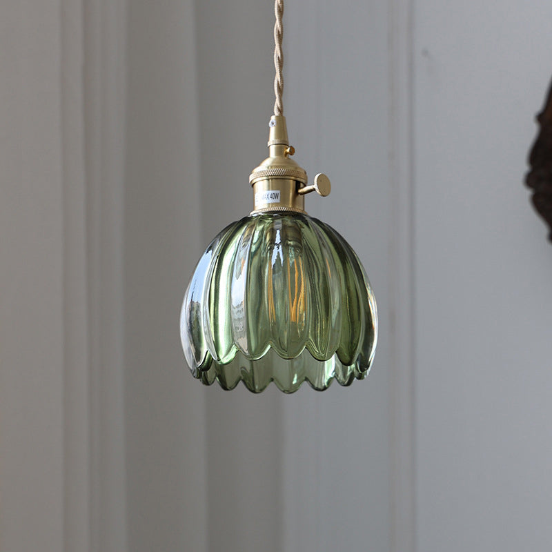 Contemporary Nordic Round Flower Glass Shade Pendant Light - Iron Brass 1-Light for Living Room