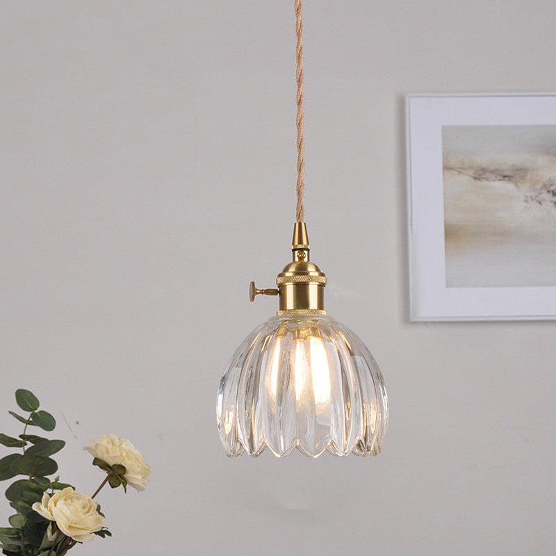 Contemporary Nordic Round Flower Glass Shade Pendant Light - Iron Brass 1-Light for Living Room
