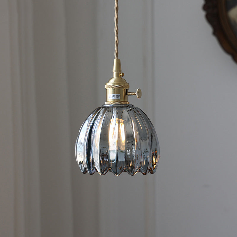 Contemporary Nordic Round Flower Glass Shade Pendant Light - Iron Brass 1-Light for Living Room