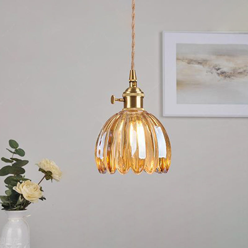 Contemporary Nordic Round Flower Glass Shade Pendant Light - Iron Brass 1-Light for Living Room