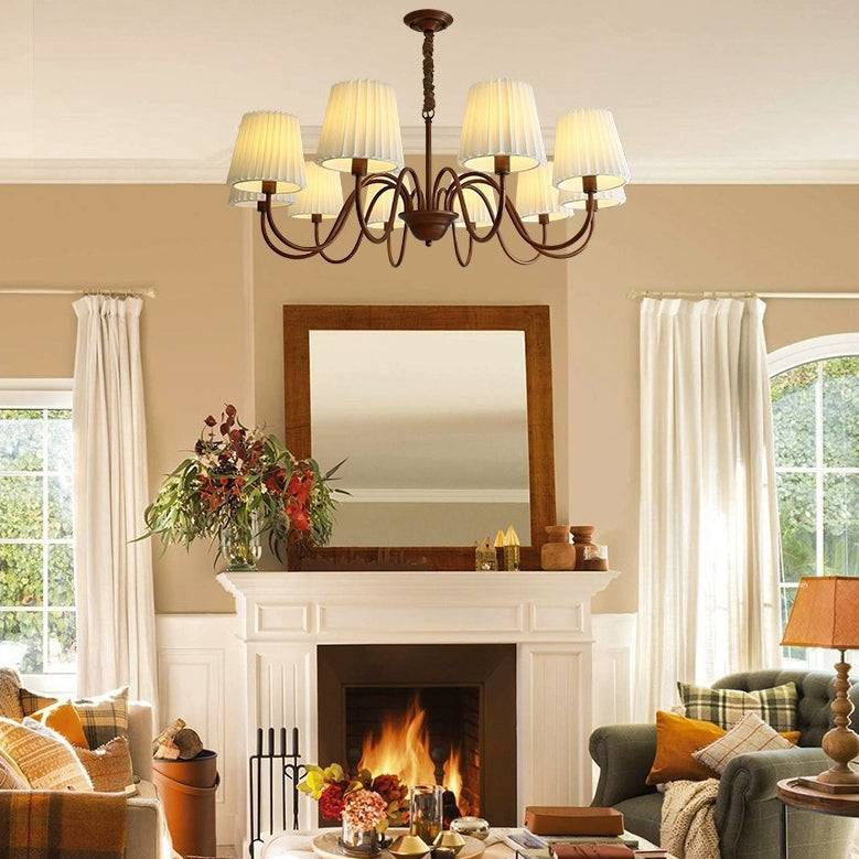 Rustic Branch Curved Rod Candelabra Chandelier - Iron Frame with Fabric Shade, 3/6/8/10 Light Options for Living Room Decor