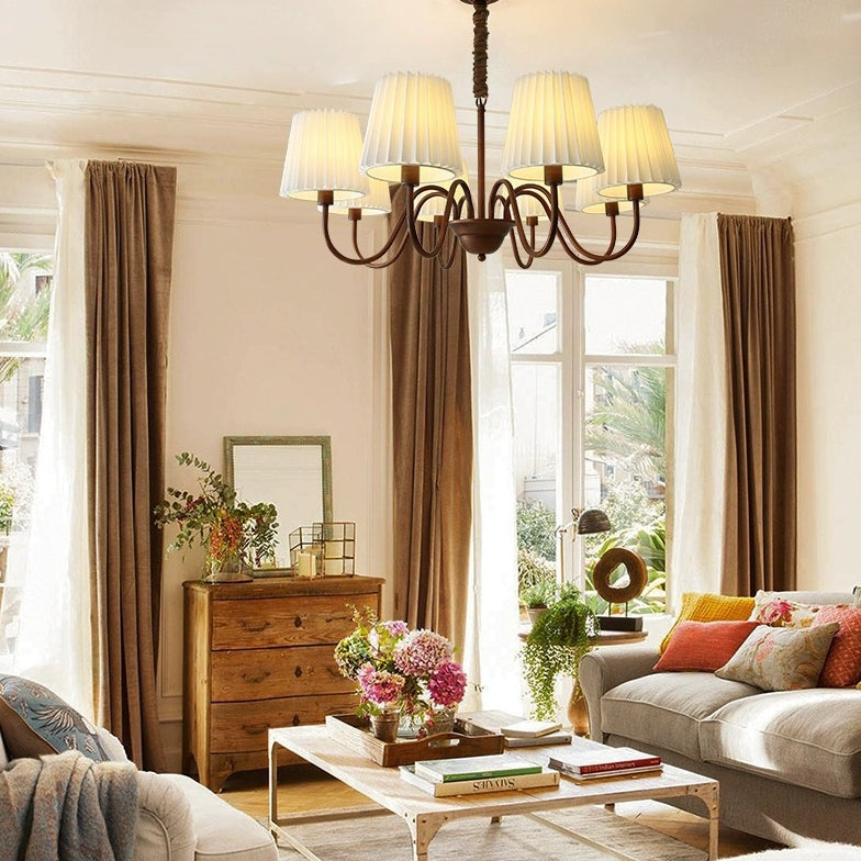Rustic Branch Curved Rod Candelabra Chandelier - Iron Frame with Fabric Shade, 3/6/8/10 Light Options for Living Room Decor
