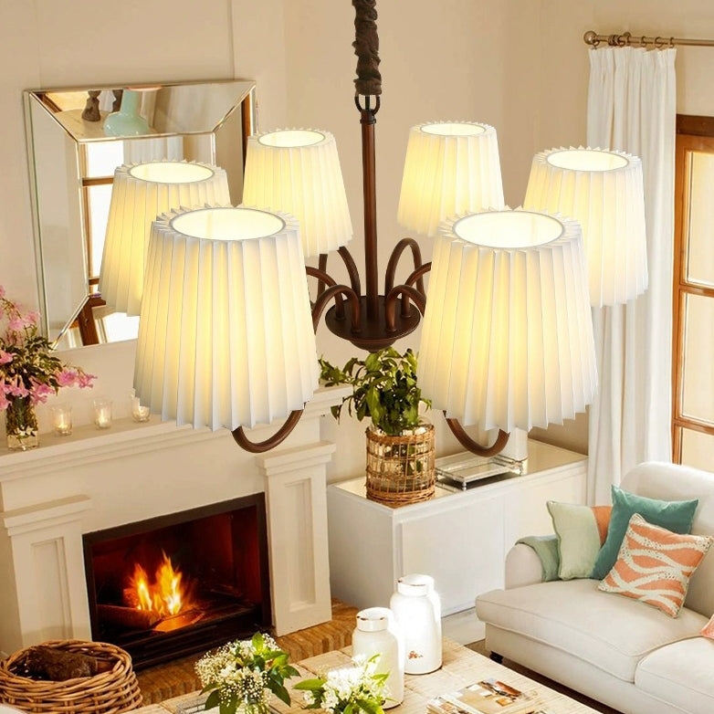 Rustic Branch Curved Rod Candelabra Chandelier - Iron Frame with Fabric Shade, 3/6/8/10 Light Options for Living Room Decor