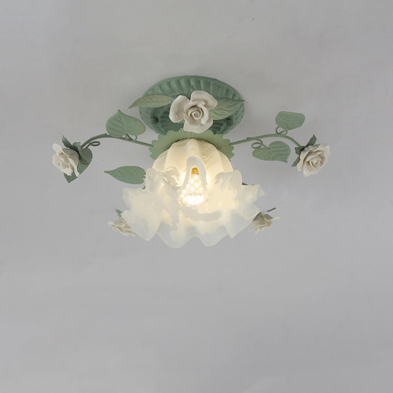 Traditional French Bellflower Leaf Semi-Flush Mount Light - 1-Light Ceramic Glass Shade for Living Room
