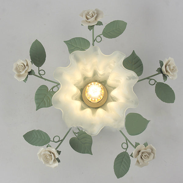 Traditional French Bellflower Leaf Semi-Flush Mount Light - 1-Light Ceramic Glass Shade for Living Room